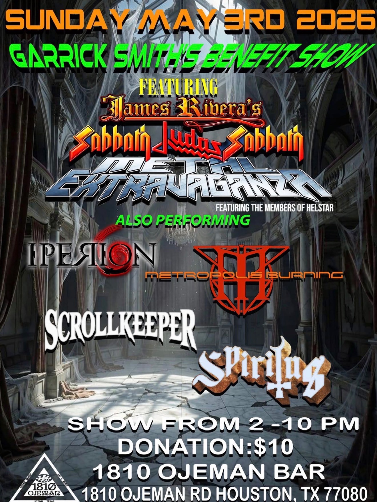 Garrick Smith Benefit Show flyer — Sunday May 3rd 2026 at 1810 Ojeman Bar, Houston TX
